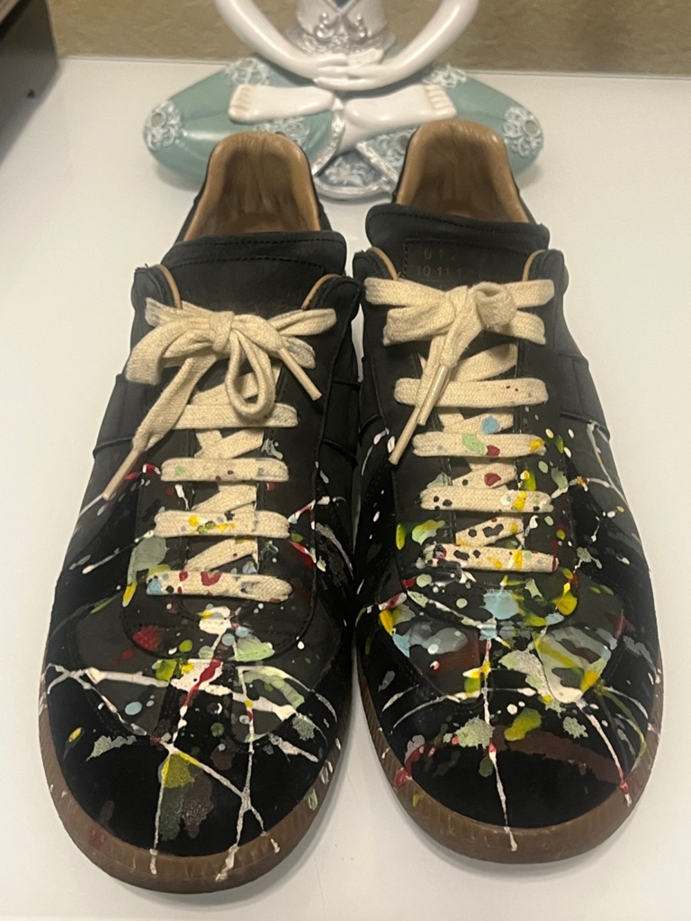 Maison Martin Margiela Black Leather Sneakers with Multicolor Paint Splatter